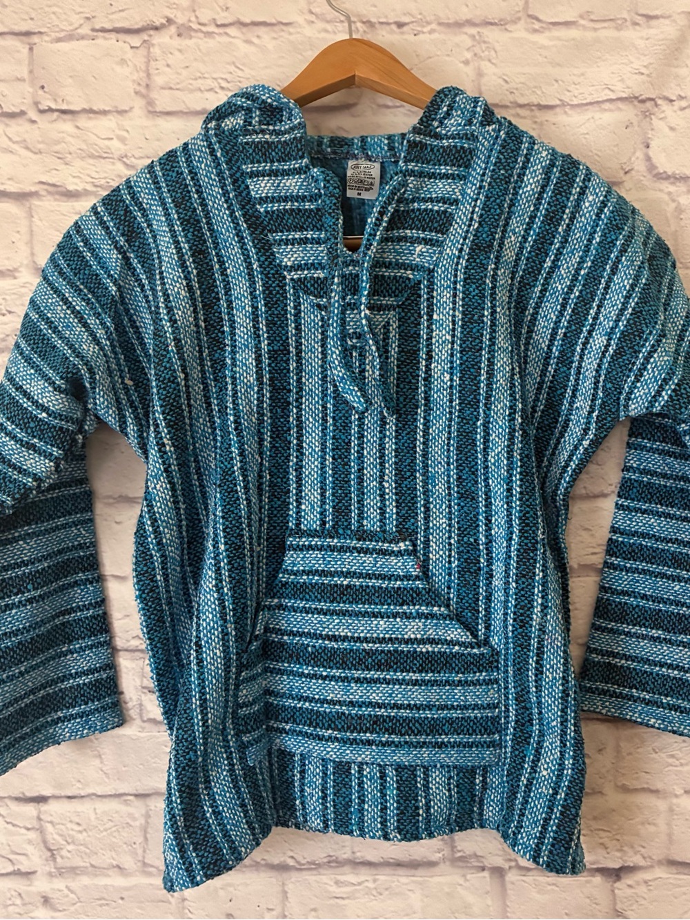 Handwoven Teal Striped Baja Hoodie Sweater - Medium